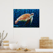 Green Zee Turtle Honu on Blue Fractal Art Poster (Keuken)