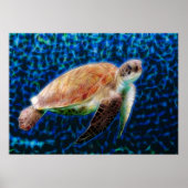 Green Zee Turtle Honu on Blue Fractal Art Poster (Voorkant)