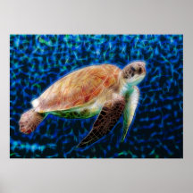 Green Zee Turtle Honu on Blue Fractal Art