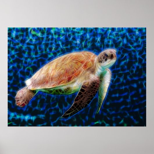 Green Zee Turtle Honu on Blue Fractal Art Poster (Voorkant)