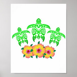 Green Zee Turtles Hawaiian Honu Poster