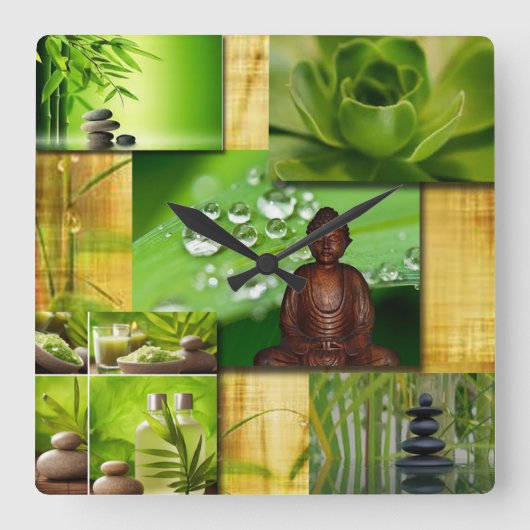 Green Zen & Buddha Serenity Collage Vierkante Klok (Voorkant)