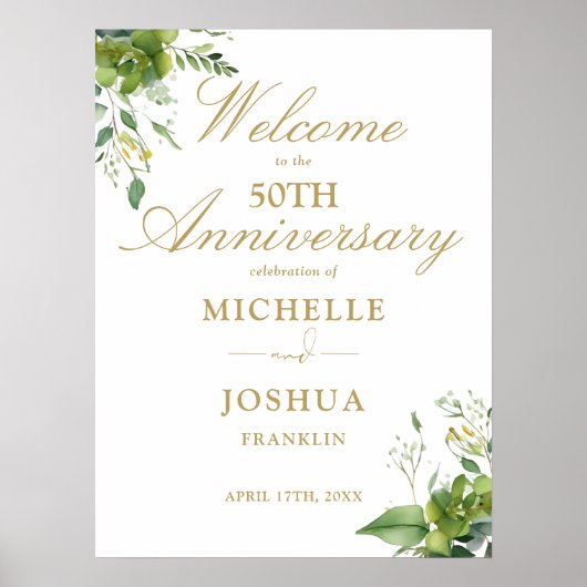 Greenery 50e bruiloft Jubileum Welkomstbord Poster (Voorkant)