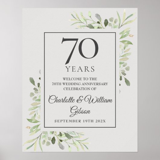 Greenery 70e bruiloft Jubileum Welkomstbord Poster (Voorkant)