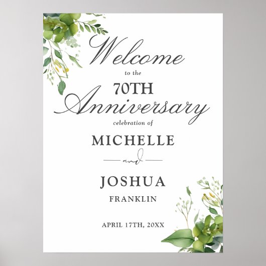 Greenery 70e bruiloft Jubileum Welkomstbord Poster (Voorkant)