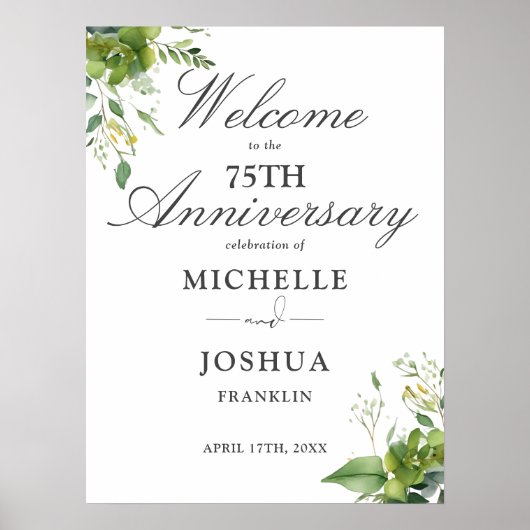 Greenery 75th Wedding Jubileum Welkomstbord Poster (Voorkant)