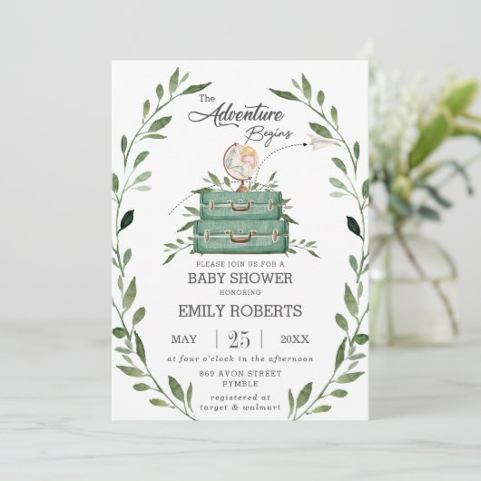 Greenery Adventure Baby shower Reiskoffer Kaart (Staand voorkant)