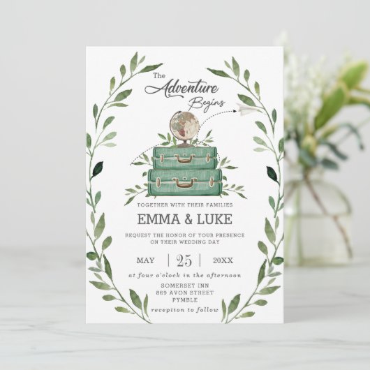 Greenery Adventure Wedding Suitcase Reisreis Kaart (Staand voorkant)