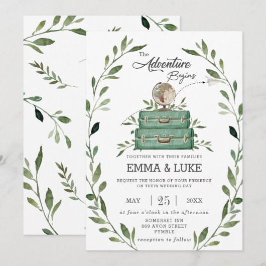 Greenery Adventure Wedding Suitcase Reisreis Kaart (Voorkant / Achterkant)