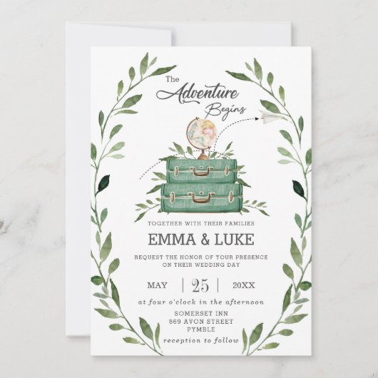 Greenery Adventure Wedding Suitcase Reisreis Kaart (Voorkant)