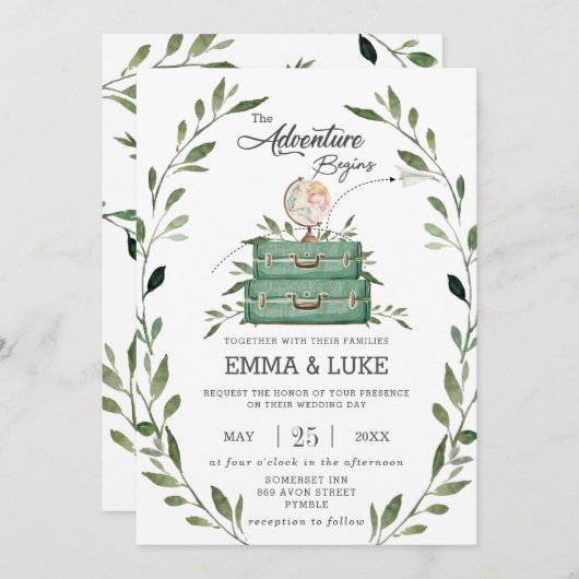 Greenery Adventure Wedding Suitcase Reisreis Kaart (Voorkant / Achterkant)