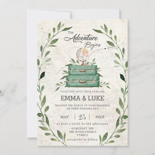 Greenery Adventure Wedding Suitcase Reisreis Kaart (Voorkant)