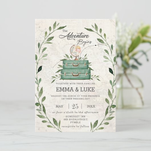 Greenery Adventure Wedding Suitcase Reisreis Kaart (Staand voorkant)
