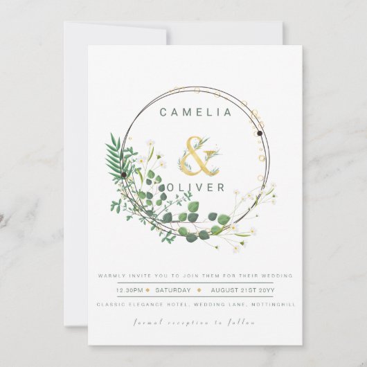 Greenery All-in-1 Green Gold Wreath QR Code Weddin Kaart (Voorkant)