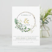 Greenery All-in-1 Green Gold Wreath QR Code Weddin Kaart (Staand voorkant)
