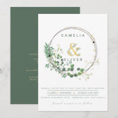 Greenery All-in-1 Green Gold Wreath QR Code Weddin Kaart (Voorkant / Achterkant)