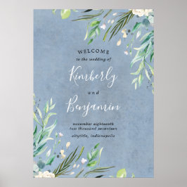 Greenery and Dusty Blue Wedding Welcome Sign Poster