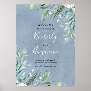 Greenery and Dusty Blue Wedding Welcome Sign Poster