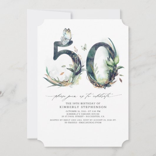Greenery and Gold 50th Birthday Invitation Kaart (Voorkant)