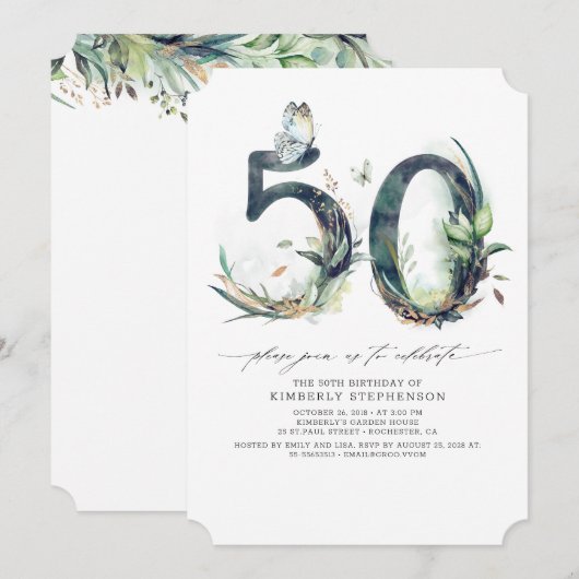 Greenery and Gold 50th Birthday Invitation Kaart (Voorkant / Achterkant)