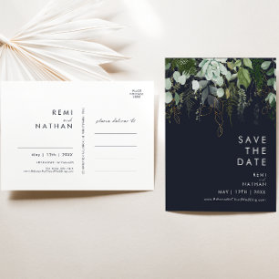 Greenery and Gold Dark Navy Save the Date Briefkaa Uitnodiging Briefkaart