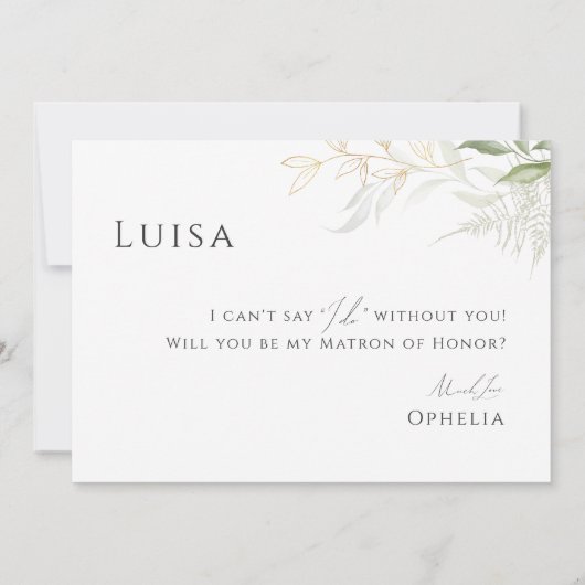 Greenery and Gold Faded Photo Matron of Honor Kaar Kaart (Achterkant)