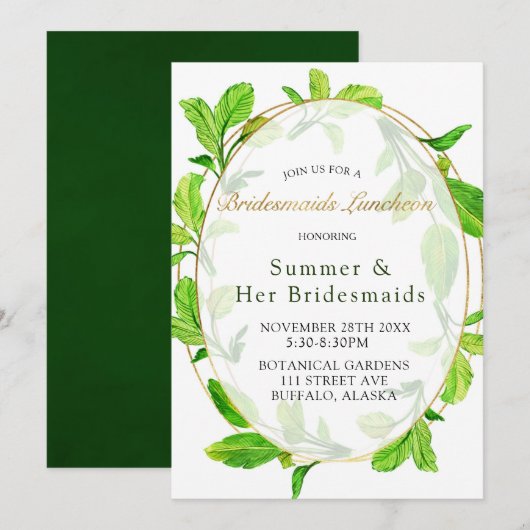 Greenery and Gold Foil Lijst Bridesmaids Luncheon Kaart (Voorkant / Achterkant)