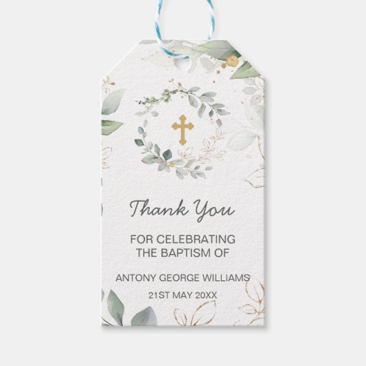 Greenery and gold foliage Baptism Gift Label Cadeaulabel (Voorkant)