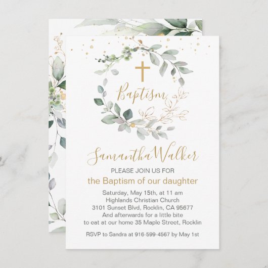 Greenery and gold foliage Baptism Invitation Kaart (Voorkant / Achterkant)