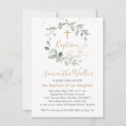 Greenery and gold foliage Baptism Invitation Kaart (Voorkant)