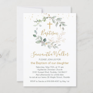 Greenery and gold foliage Baptism Invitation Kaart