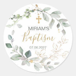 Greenery and gold foliage Baptisme Classic Round Ronde Sticker