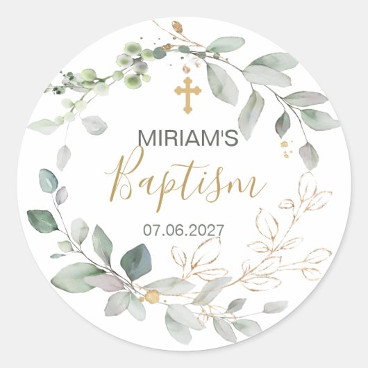 Greenery and gold foliage Baptisme Classic Round Ronde Sticker (Voorkant)