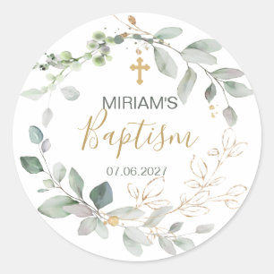 Greenery and gold foliage Baptisme Classic Round Ronde Sticker