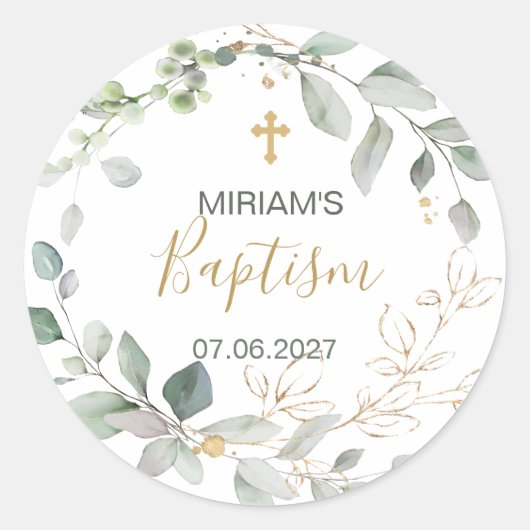 Greenery and gold foliage Baptisme Ronde Sticker (Voorkant)