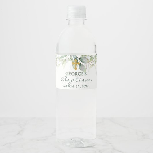Greenery and gold foliage Baptisme Waterfles Etiket (Voorkant)