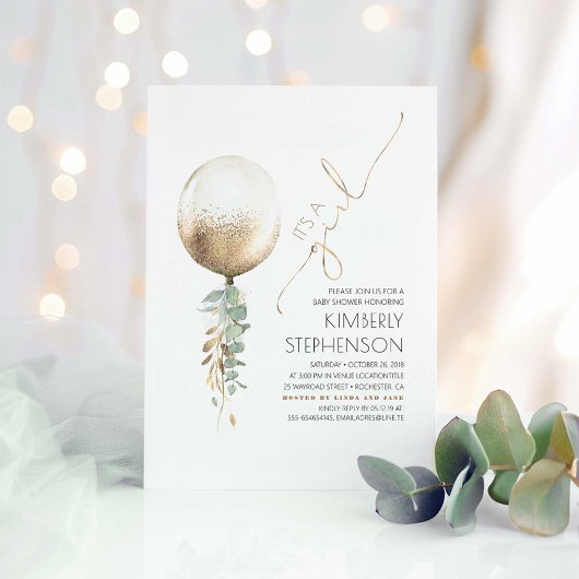 Greenery and Gold Glitter Balloon Baby shower Kaart