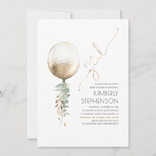 Greenery and Gold Glitter Balloon Baby shower Kaart (Voorkant)