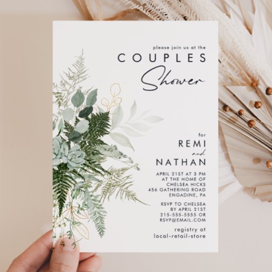 Greenery and Gold Leaf Couples Shower Invitation Kaart