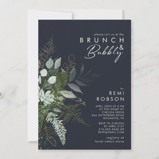 Greenery and Gold Leaf Dark Navy Brunch en Bubble Kaart (Voorkant)
