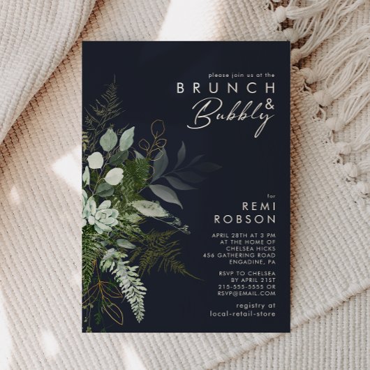 Greenery and Gold Leaf Dark Navy Brunch en Bubble Kaart