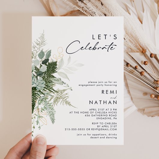 Greenery and Gold Leaf Let's Celebrate Invitation Kaart
