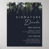 Greenery and Gold Leaf Navy Signature Drinks Sign Poster (Voorkant)