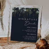 Greenery and Gold Leaf Navy Signature Drinks Sign Poster
