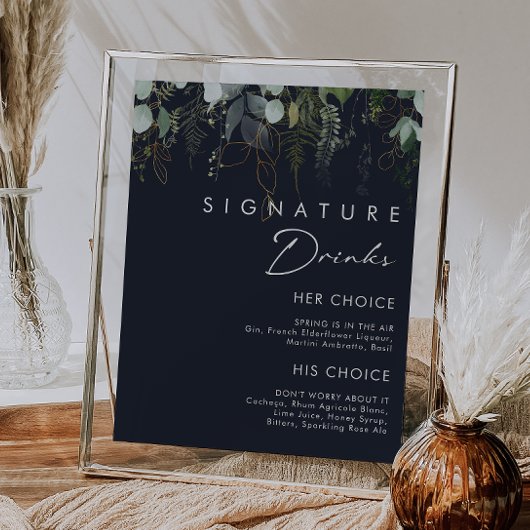 Greenery and Gold Leaf Navy Signature Drinks Sign Poster