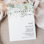 Greenery and Gold Leaf Rehearsal Dinner Invitation Kaart<br><div class="desc">We ontwierpen deze groene en goudbladrepetitie-uitnodiging om je eenvoudige maar elegante boho-repetitie diner te voltooien. Het is voorzien van modern groen en wit eucalyptusblad, vruchtensap, een succulente bloem en minimale gouden folie bladeren. Deze elementen geven het gevoel van een grillig waterverf betoverend bos, perfect voor elke rustige, boze bruiloft! Voel...</div>