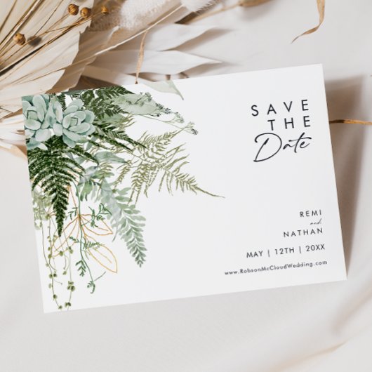 Greenery and Gold Leaf Script Horizontal Save The Date
