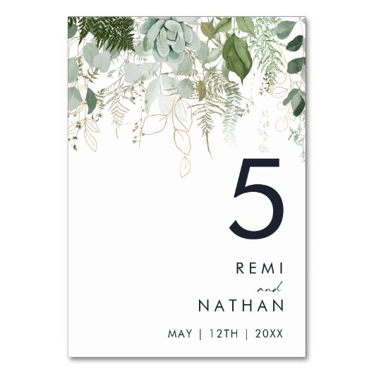 Greenery and Gold Leaf Table Number Kaart (Voorkant)