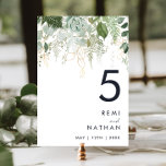 Greenery and Gold Leaf Table Number Kaart<br><div class="desc">We ontwierpen dit groene en gouden bladetafelnummer om je eenvoudige maar elegante boho bruiloft te voltooien. Het is voorzien van modern groen en wit eucalyptusblad, vruchtensap, een succulente bloem en minimale gouden folie bladeren. Deze elementen geven het gevoel van een grillig waterverf betoverend bos, perfect voor elke rustige, boze bruiloft!...</div>