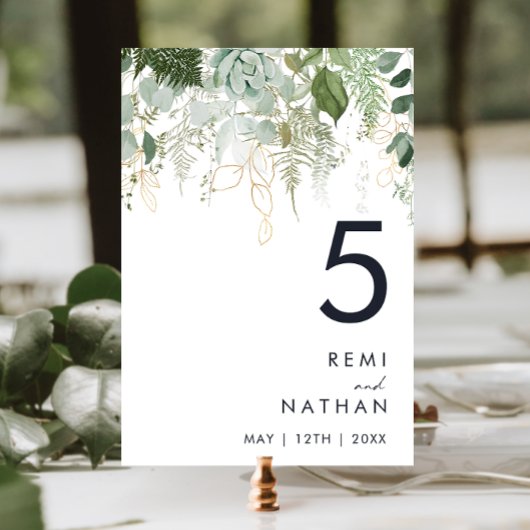 Greenery and Gold Leaf Table Number Kaart